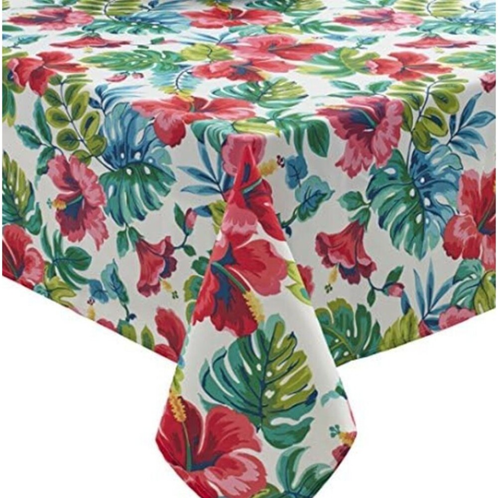 Fabric Spillproof Tablecloth, 52"x70" Oblong, TROPICAL LEAVES & FLOWERS,CLEO, BM